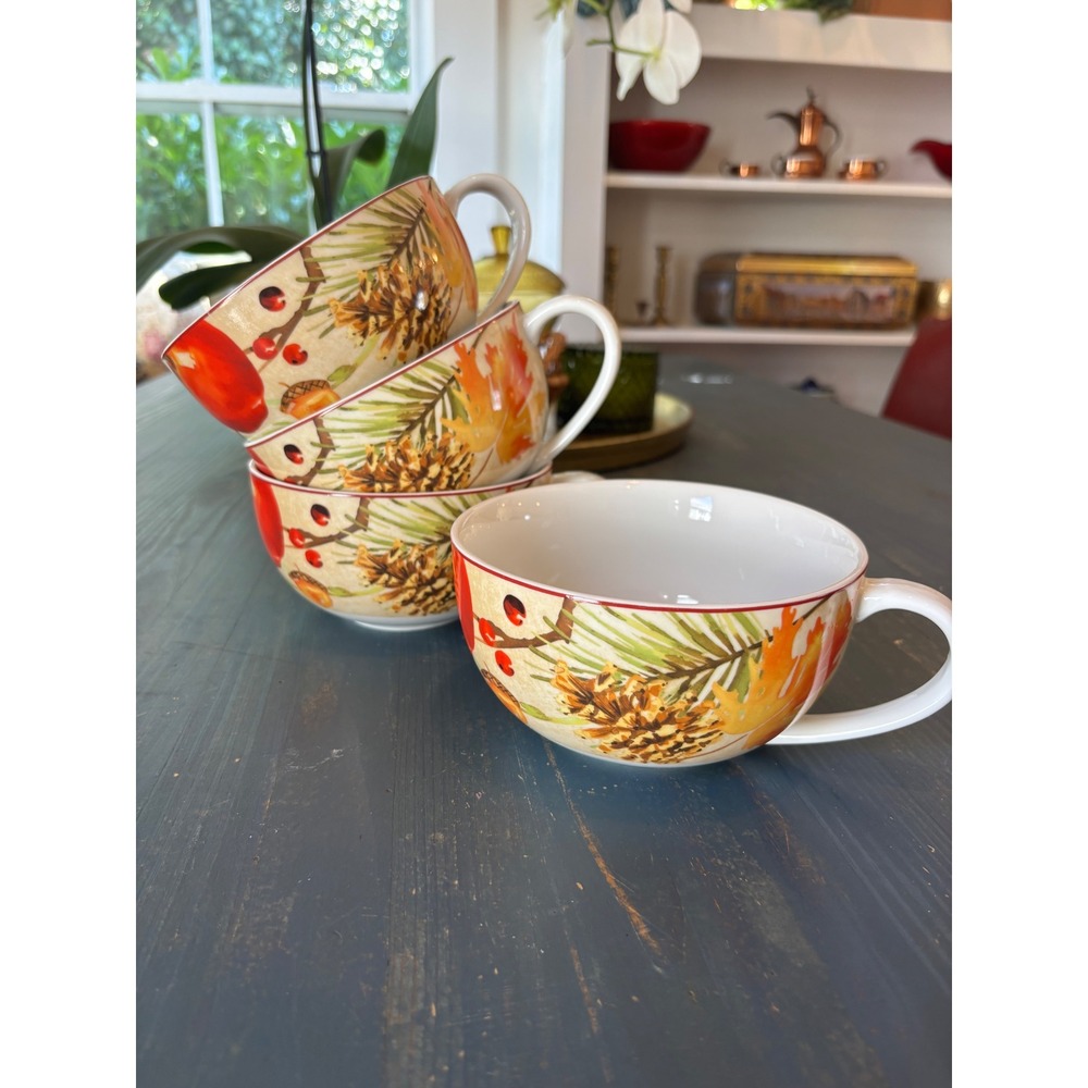 222 Fifth Fall Festivities Soup Mugs Set of 4 Pinecone Leaf China Cups
